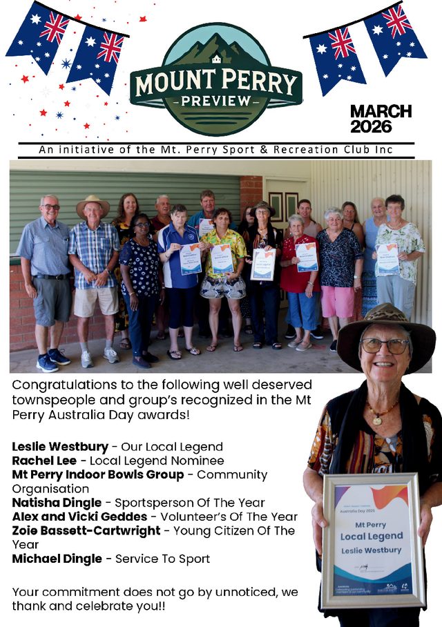 Cover page of the Mount Perry Preview March 2026 issue.